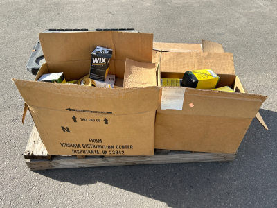 Pallet of Fuel Filters: Napa Gold Filters, Wix, and John Deere