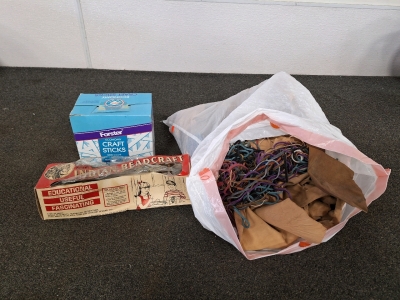 Crafting Leather, Vintage Indian Beadcraft Kit, And Box Of Craft Sticks