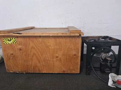 Propane Stove And Large Wooden Box - (H: 15" W: 28" D: 25")