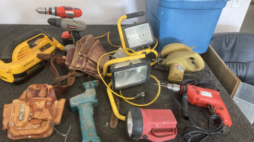 Power Tools Including Flood Lights, Drills, Saws, Tool Belts, and More