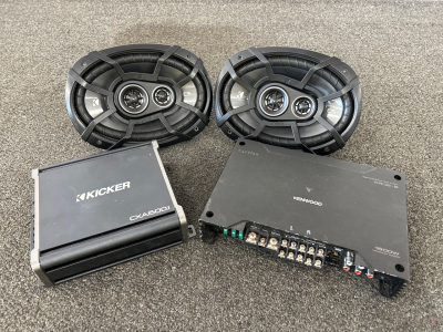 Pair of Kicker 3-Way Speakers, Kenwood and Kicker Amplifiers