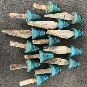 Blue Antique Insulators with Wood Bases