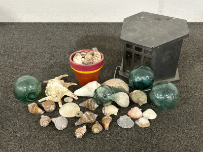 Seashells, Glass Globes, and Metal Birdhouse