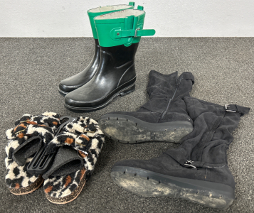 Women&rsquo;s Rain Boots (size 7) and Fashion Boots (size 5.5) and Slipper Sandals (size 7)