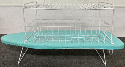 Small Tabletop Ironing Board with Hook for Easy Storage, Plus a Small Wire Shelf Rack and Basket