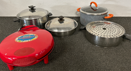 2-6qt. Stockpots, 2-10” Deep Skillets, Lid Fits Both and a Steamer Panel, PLUS a Quesadilla Maker (Heats Up)!!