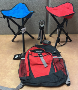 Red Backpack, 2 Flashlights, and 2 Tripod Chairs