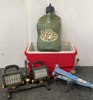 Coleman Cooler, Craftsman Double Light ( Powers on), VP Racing Gas Can and Clamshell Sturt Tool