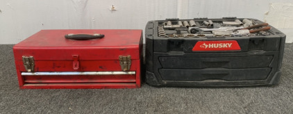 Red Metal Toolbox w/ Tools and Husky Hard Plastic Toolbox w/ Tools