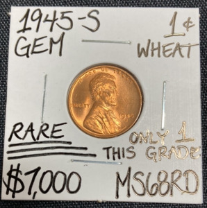 1945-S MS68RD RARE Gem Wheat Penny