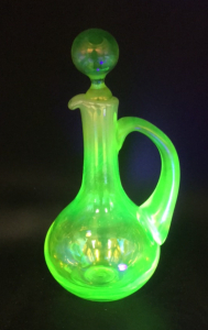 Antique 8” Uranium Depression Glass Cruet With Topper