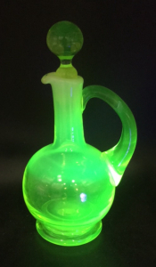 Antique 8” Uranium Depression Glass Cloudy Cruet With Topper