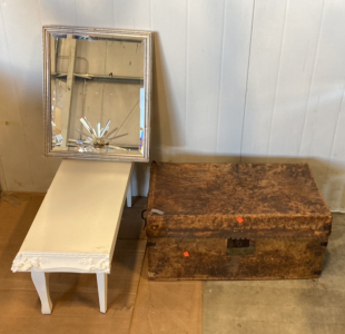 (1) Vintage 29’’ x 16 1/2’’ x 14’’ Chest With Broken Hinge, (1) 17 3/4’’ x 22’’ Wall Mirror, (1) 31 1/2’’ x 13’’ x 14’’ White Half Endtable