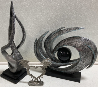 (2) Abstract Art Sculptures, (1) Heart Shaped Dragons Figure