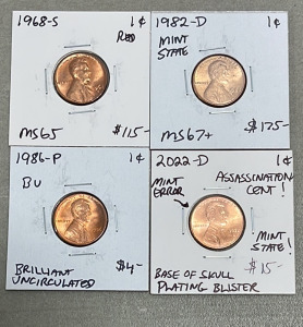 (1) 1968-S Lincoln Penny, MS65, (1) 1982-D Lincoln Penny Mint State MS67+, (1) 1986-P Lincoln Penny BU, (1) 2022-D Lincoln Penny, Mint Error, Mint State (Carded)