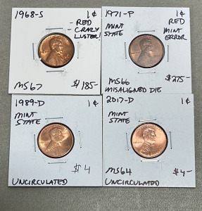 (4) Lincoln Pennies Dates Of 1968-S (MS67), 1971-P Misaligned MS64 Mint State, 1989-D Mint State Uncirculated, 2017-D MS64 Mint State…. All Are Carded