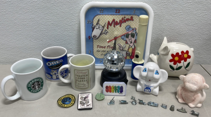 (1) Maxine “Time Flies, Go See Whene It Went” Wall Clock, (1) Ceramic Piggy Bank, (2) Ceramic Animals, (3) Coffee Cups +