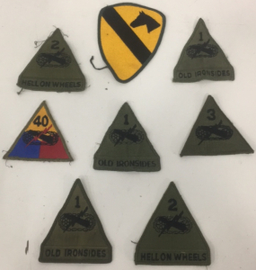 (7) Vintage US Army Armored Division Military Patches (1) US Army 1ST Cavalry OD Border Military Patch