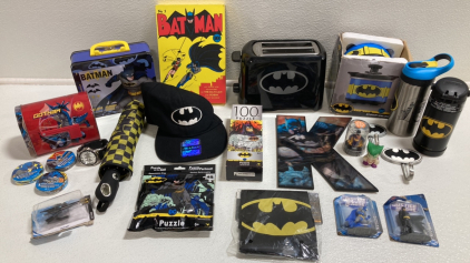 Collection of Batman Merchandise: Toaster, Mini Crock, Wall Art, Water Bottles, Hat, Umbrella and more
