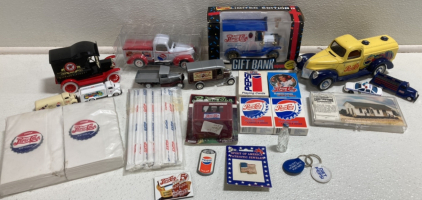 Assorted Collectible Pepsi Cars and Merchandise, Laser Engraved Ft. Davis/Depot Model, Texaco Car, (2) Hersheys Cars