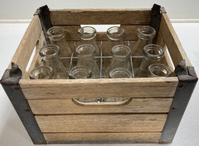 (12) Pint Milk Bottles in Vintage Wood Crate