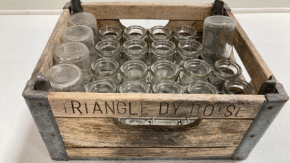 (5) Half Pint Milk Bottles, (18) Quarter Pint Milk Bottles - All in Vintage Wood Crate