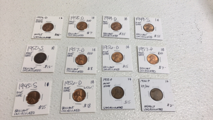 (12) 1934-1958 Various Mint Mark Wheat Pennies Including A 1949-S Penny!!