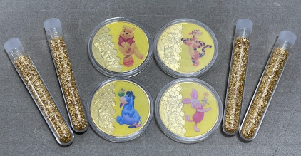 Set Of (4) Winnie The Pooh Characters Gold Plated Coins (4) Bottles Of Gold Leaf/Flake Gold