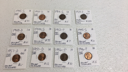 (12) 1929-1957 Various Mint Mark Wheat Pennies Including A 1929-P Woodgrain Error Penny!!