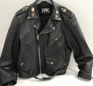 FMC Leather Jacket Sz 52 With Large " Live Free Ride Free" Patch And Pins!!