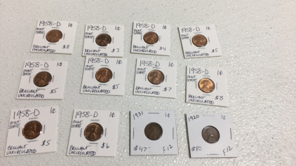 (12) 1920-1958 Various Mint Mark Wheat Pennies Including 1920 Penny!!