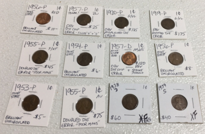 (12) 1919-1957 Various Mint Mark Wheat Pennies Including 1919-P Reverse Rotated Die Penny!!