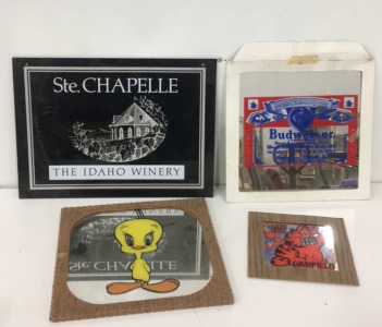 (1) Vintage 12” x 12” Fair Prize Budweiser Mirror (1) Vintage 8” x 8” Fair Prize Garfield Mirror (1) Vintage 12” x 12” Fair Prize Tweety Bird Mirror (1) Plastic 17” x 12” Ste. Chapelle Advertising Sign