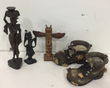 (2) Ceramic Old Farm Shoes With Mice Decorations (1) Vintage 1965 Thunderbird Totem Pole By Raven (1) Vintage Wooden 10” African Style Statue (1) Vintage Wooden 16” African Style Statue