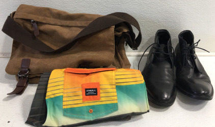 (1) Gordon Rush Black Dress Shoes Sz11 (1) O’Neill Swim Trunks (1) Kenox Messenger Bag