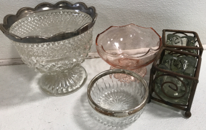 (1) Glass & Silver Bowl 8”x7” (1) Pink Glass Dish (1) Glass & Silver Dish & More!