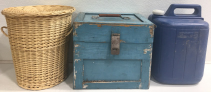 (1) 14” Wicker Basket (1) Vintage Wood Box 14”x11”x12.5” (1) Colman Water Jug 5 gal