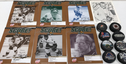 (6) Utah Grizzlies Score Game Programs (5 Signed) (1) Freddy Fender Signed Picture (8) Assorted Hockey Pucks