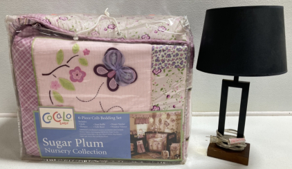 6pc Sugar Plum Crib Bedding Set, Small Table Lamp