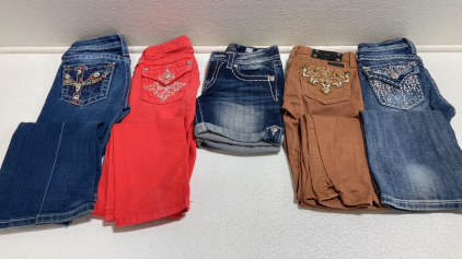 (5) Girls Miss Me Jeans: Peace Flare and Red Size 14, Shorts and Brown Size 12, Glitter Flare Size 10