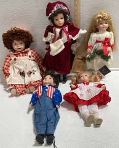 (3) Winter/Christmas Porcelain Dolls, (2) America/4th of July Porcelain Dolls