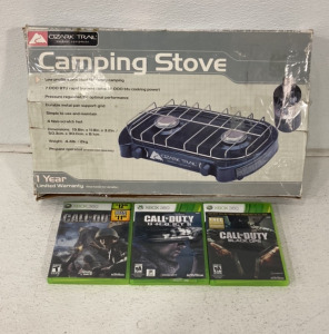 (3) Xbox 360 Games Including COD Ghosts, COD Bo1, And COD 2, (1) Ozark Trail Camping Stove