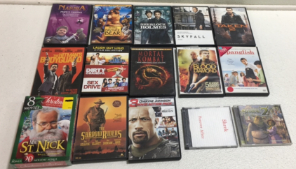 (13) Hit Movie Dvd Movies Including Skyfall (2) Shrek Compact Disc CDs