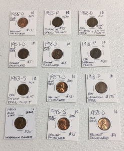 (12) 1918-1958 Various Mint Mark Wheat Pennies Including 1955-P Poor Mans Error Penny!!