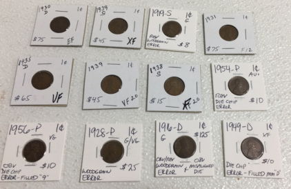 (12) 1919-1956 Various Mint Mark Wheat Pennies Including 1916-D Woodgrain Error Penny!!