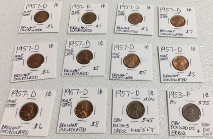 (12) 1953-1957 Various Mint Mark Wheat Pennies Including 1953-P Double Die Penny!!