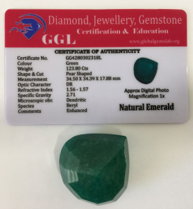 123.80 Cts. Large Certified Natural Pear Shaped Faceted Green Brazilian Emerald