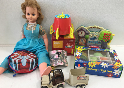 36” Vintage Doll (1) Rocket Bubble Machine (1) Vintage 100 Acre Wood Phone Game Works & More!!