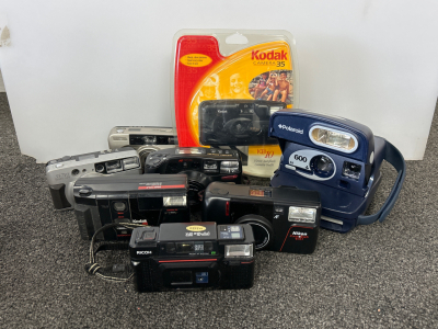 POLAROID 600 CAMERA, RICHO, SAMSUNG, KODAK, NIKON, MINOLTA, & VIVITAR VINTAGE FILM CAMERAS- PLEASE INSPECT
