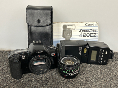 CANON EOS REBEL X CAMERA BODY, CANON LENS, AND SPEEDLIGHT 420 EZ